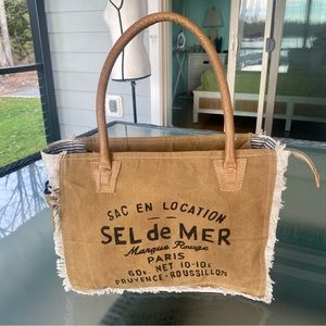 Myra Bag ‘Sel de Mer’ , Tan and Cream Tote Bag. Rustic style with Black print .